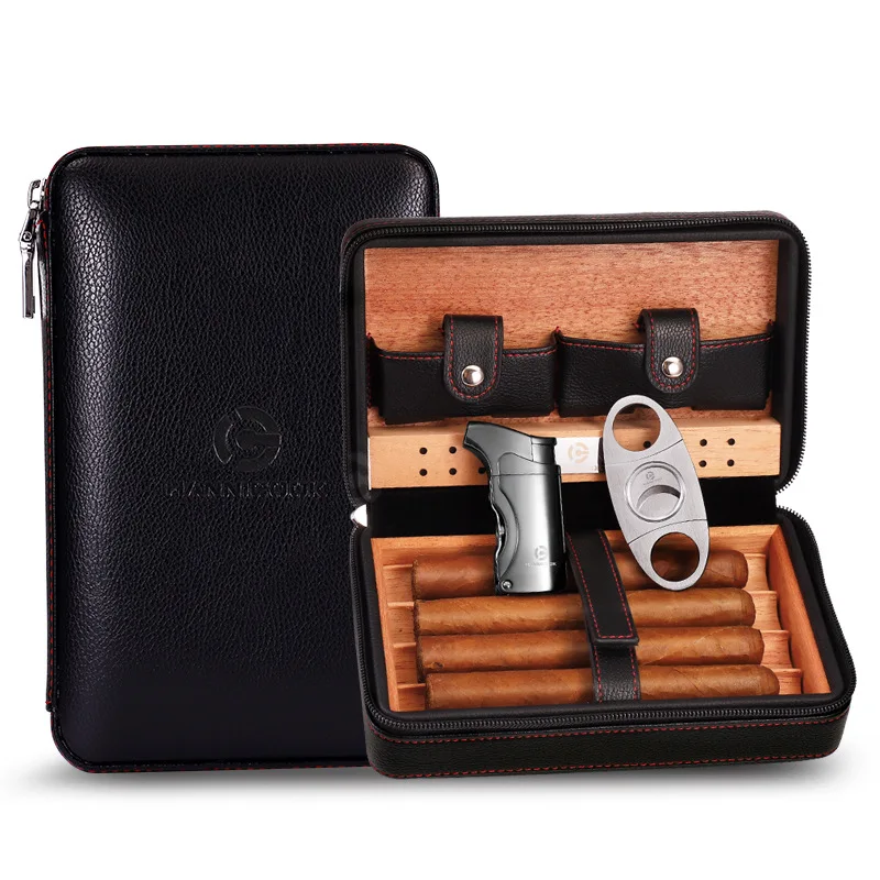 Black Leather Cigar Case With Cutter And Lighter