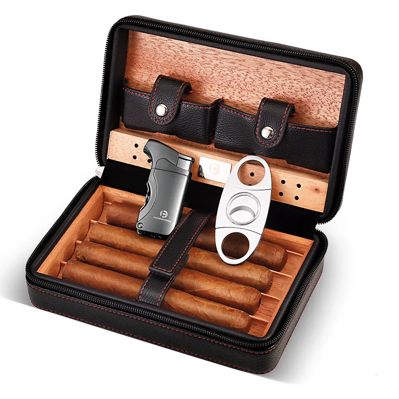 Black Leather Cigar Case With Cutter And Lighter