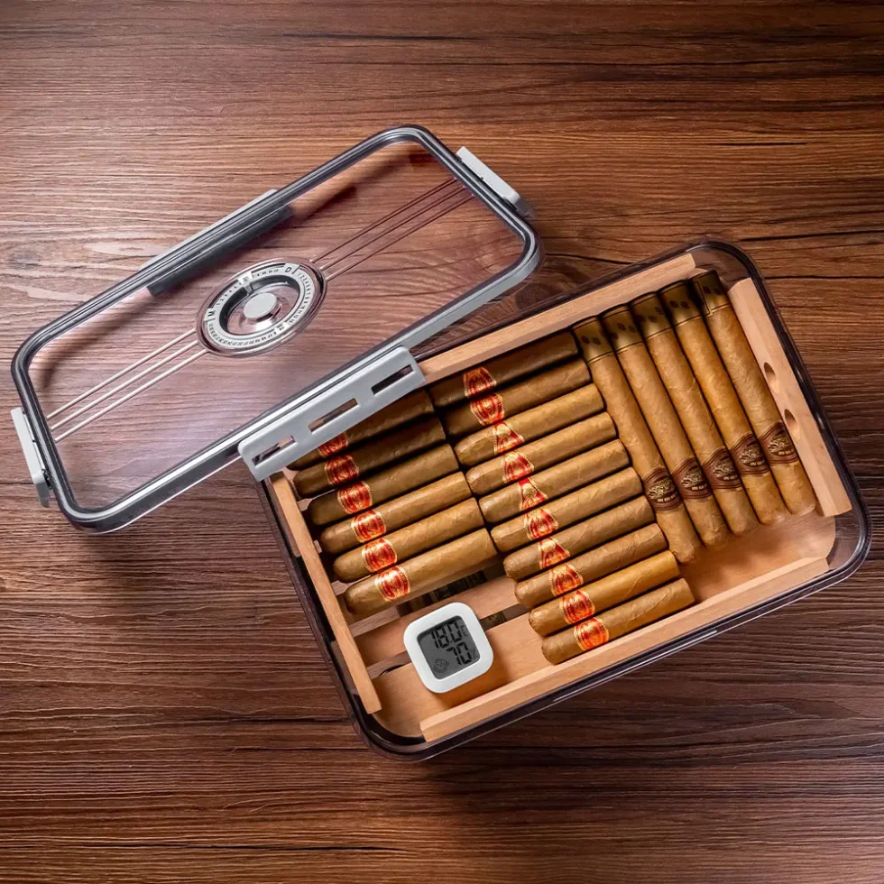 clear acrylic cigar humidor case/box holds