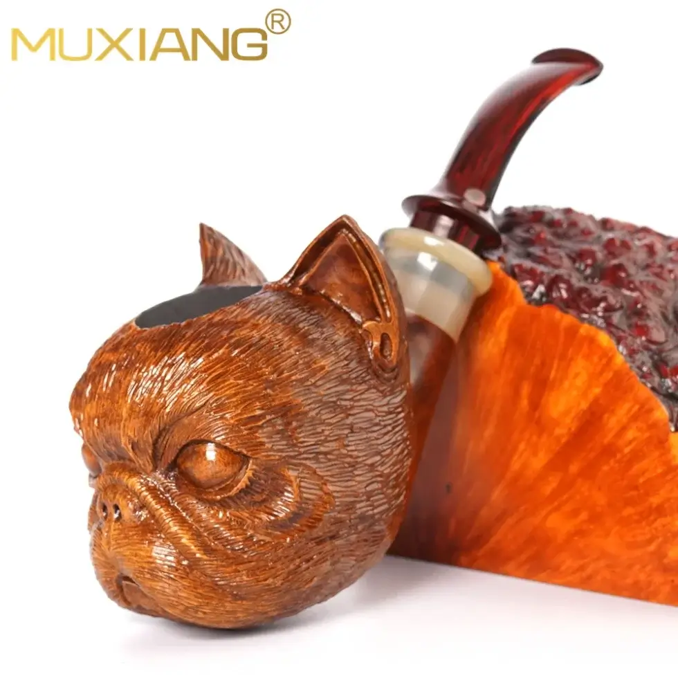 Hand-Carved Pug Briar Wood Pipe